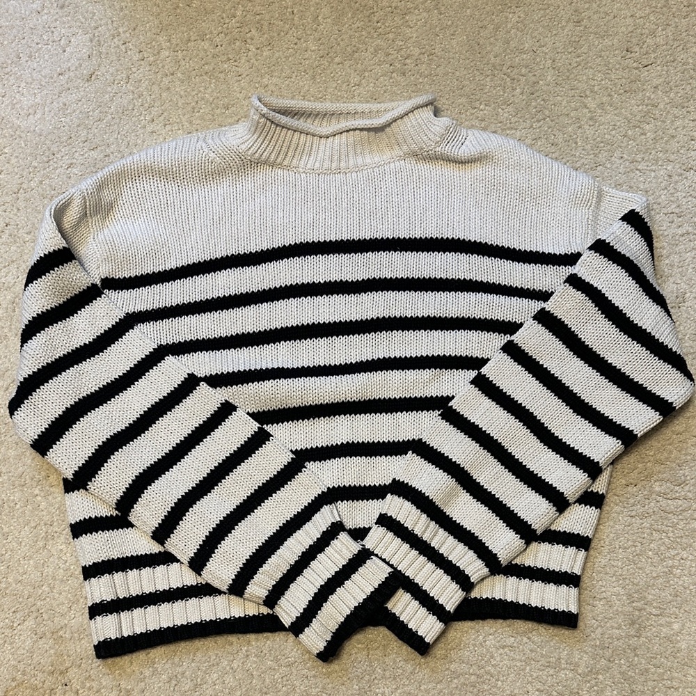 J. Crew Cream and Black Striped Turtleneck Sweater